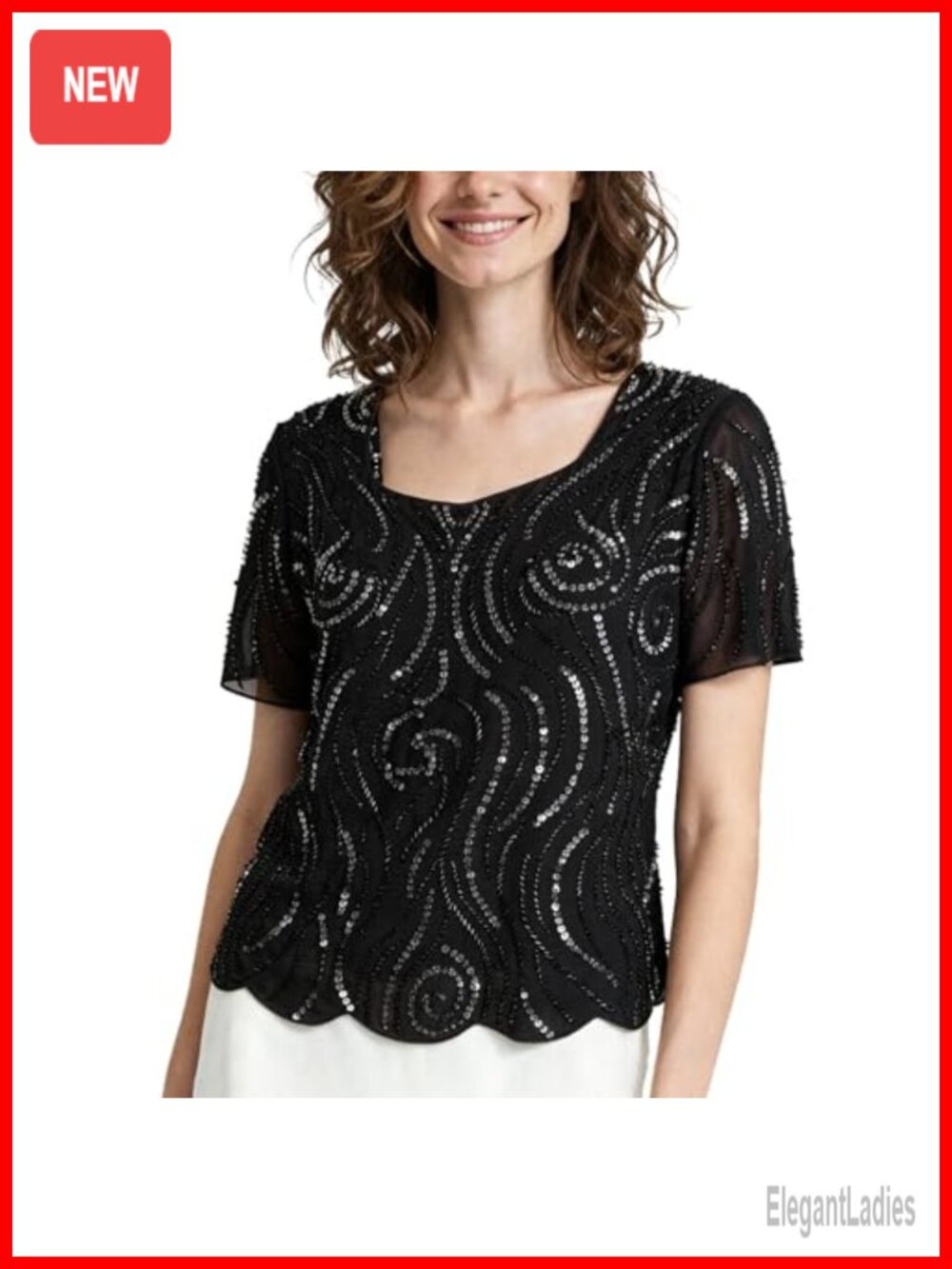 Beaded Sequin Boat Neck Short Sleeve Tunic Blouse